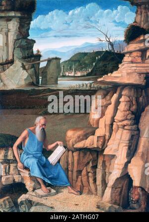 Giovanni Bellini italienische Schule Saint Jerome Reading in einer Landschaft Ca. 1480-1485 Öl auf Platte (46,8 x 33,8 cm) London, National Gallery Stockfoto