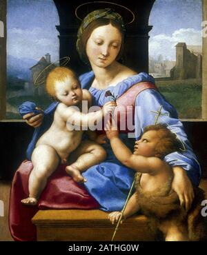 Raffaello Sanzio da Urbino bekannt als Raphael Italian School The Madonna and Child with the Infant Baptists (The Garvagh Madonna) Etwa 1509-1510 Öl auf Holz (38,9 x 32,9 cm) London, National Gallery Stockfoto