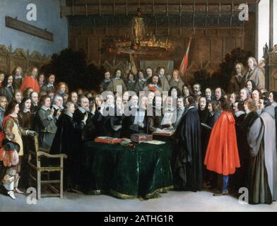 Gerard ter Borch Dutch School Die Vereidigung der Ratifizierung des Vertrags von Münster 1648 Öl auf Kupfer (45,4 x 58,5 cm) London, National Gallery Stockfoto