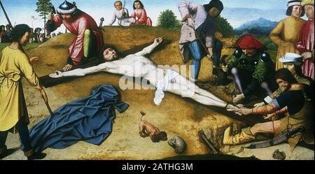 Gerard David flämischer Maler Christus Nagelte zum Kreuz Etwa 1481 Öl auf Eiche (48,4 x 93,9 cm) London, National Gallery Stockfoto