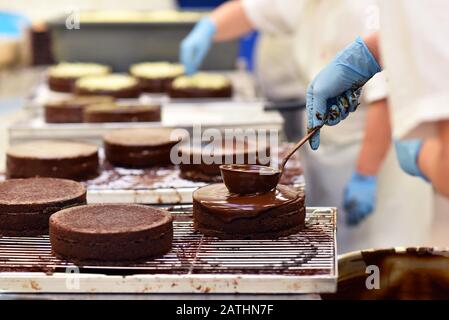 Industrielle Herstellung von Kuchen und Torten in einer Großbäckerei auf einem Fließbeine Stockfoto