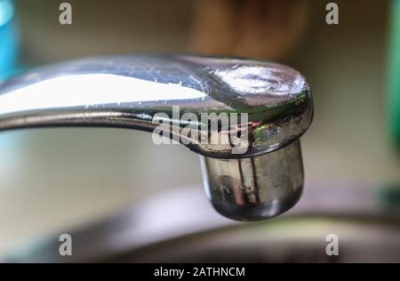 Fließendes Wasser aus einem Wasserhahn in einem metallischen Küchenwaschbecken Stockfoto