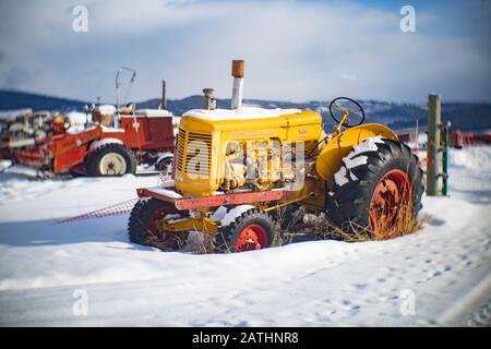 Ein 1955 in Minneapolis-Moline UB mit Dieselantrieb angetriebener Traktor im Schnee, auf der McClain Farm, in Porter's Corner, südwestlich von Philipsburg, Montana. Stockfoto