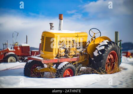 Ein Dieseltraktor mit Minneapolis-Moline UB-Antrieb aus dem Jahr 1955 im Schnee, in Porter's Corner, südwestlich von Philipsburg, Montana. Stockfoto