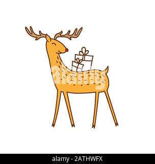 Vektor Rudolph The Red Nose Deer Bring Giffs, Happy Brown Raindeer mit Präsent Boxes auf seinem Rücken Vector Illustration Isoliert auf weißem Hintergrund, Stock Vektor