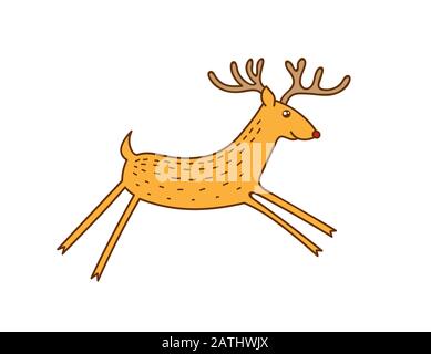 Vector Rudolph The Red Nose Deer Running, Happy Brown Raindeer Vector Illustration Isoliert auf weißem Hintergrund, Winter Holidays Christmas Clip Art Stock Vektor
