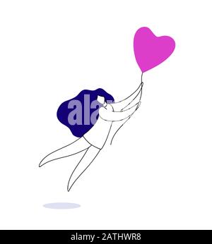 Woman Flying on Heart Balloon Feelings Freedom Concept, Relations and Valentine Holiday Lifestyle, Modern Mid Century Linear Vector Style Illustration Stock Vektor
