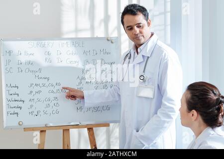 Der ernsthafte Arzt zeigt auf Whiteboard mit dem Zeitplan für die Operation und betrachtet weibliche Kollegen Stockfoto