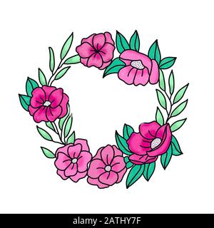 Ein Kranz aus rosafarbenen Blumen auf weißem Grund Stockfoto