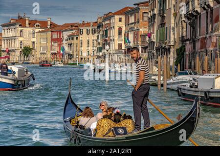 Ein Gondelier, der Touristen für eine Gondelfahrt entlang des Canal Grande, Venedig, Italien, bringt Stockfoto