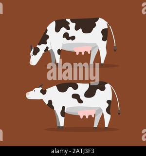 Flat Cow Vector Illustration.Set cute cow with Brown background Stock Vektor