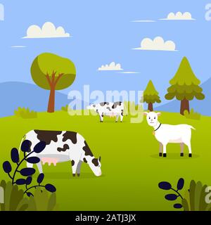 Naturlandschaft mit Kühen, Ziege, Gras, Bäumen, Hügel und Berghang.Wiese und Himmelsklang in flachem Design.Sommer Grün Feldvektor.Schön Grün Stock Vektor