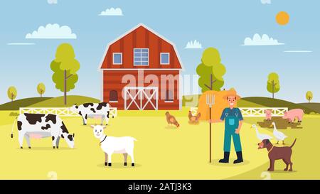 Naturfarm mit Tier im Sommer.Farm mit Kühen, Henne, Gans, Ente, Schwein, Hund, Ziege, Scheune, Bauer und hays.Landschaft mit Bauernvektor Illustration.Rur Stock Vektor