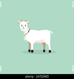 Niedliche Babyziege mit Glockenvektorillustration.Farm Ziegenfigur isolierter Hintergrund Stock Vektor