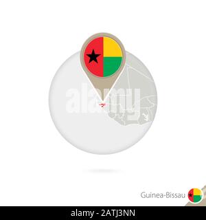 Guinea-Bissau-Karte und Flagge im Kreis. Karte von Guinea-Bissau, Fahnenstift Guinea-Bissau. Karte von Guinea-Bissau im Stil des Erdballs. Vektor Illustratio Stock Vektor