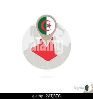 Karte und Flagge in Algerien im Kreis. Karte von Algerien, Flaggenstift Algerien. Karte von Algerien im Stil des Erdballs. Vektorgrafiken. Stock Vektor