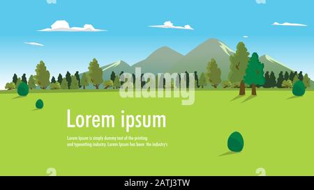 Naturlandschaft mit Wald, Hügeln, Wolken und Himmelsvektor-Illustration. Natürliche Hintergrundbanner mit Platz für Ihren Text.Schöne Wiese Stock Vektor