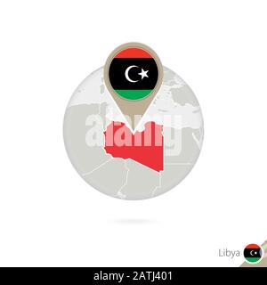 Libyen-Karte und Flagge im Kreis. Karte von Libyen, Flaggennadel Libyens. Karte von Libyen im Stil des Globus. Vektorgrafiken. Stock Vektor