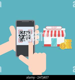 Online-Shopping-Zahlung mit qr-Code Flat Design Vector Illustration.E-Commerce Business Concept. Stock Vektor