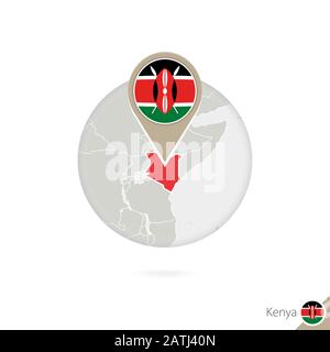 Kenya Karte und Flagge im Kreis. Karte von Kenia, Kenya Flaggenstift. Karte von Kenia im Stil des Erdballs. Vektorgrafiken. Stock Vektor