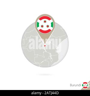 Burundi Karte und Flagge im Kreis. Karte von Burundi, Flaggenstift Burundi. Karte von Burundi im Stil des Erdballs. Vektorgrafiken. Stock Vektor