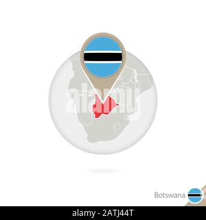 Botswana Karte und Flagge im Kreis. Karte von Botswana, Flaggenstift Botswana. Karte von Botswana im Stil des Globus. Vektorgrafiken. Stock Vektor