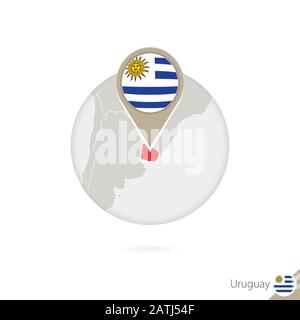 Uruguayischer Karte und Flagge im Kreis. Karte von Uruguay, Flaggenstift Uruguay. Karte von Uruguay im Stil des Globus. Vektorgrafiken. Stock Vektor