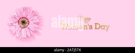 Damen Tag Textdesign mit Blumen und pinkfarbenem Hintergrund. Vektorgrafiken. Damen Tag Grußdesign. Vorlage für Poster, Karte, Banner. März. Stock Vektor