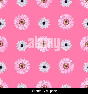 NAHTLOSES VEKTORBLUMEN-MUSTER. Realistische Blumen. Helle Frühlings-Farben. Rosa. Perfektes Textil- und Verpackungspapierdesign. Gerbera, Anemone, Leinen. Stock Vektor