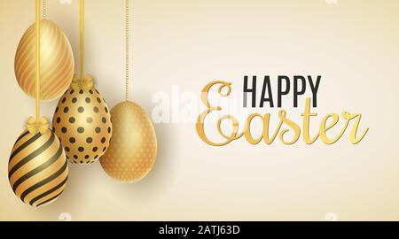 Frohes Osterposter. Goldene Eier mit Muster auf hellem Hintergrund hängen. Festliche Vorlage für Ihr Design. Vektorgrafiken. EPS 10 Stock Vektor
