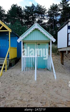 Verlagerter Sand auf Strandhütten, Wells-next-the-Sea, North norfolk, england Stockfoto