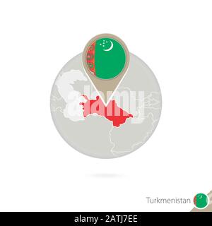 Turkmenistan Karte und Flagge im Kreis. Karte von Turkmenistan, Turkmenistan Flaggenstift. Karte von Turkmenistan im Stil des Erdballs. Vektorgrafiken. Stock Vektor