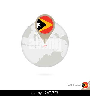 Osttimor Karte und Flagge im Kreis. Karte von Osttimor, Fahnenstift Osttimor. Karte von Osttimor im Stil des Globus. Vektorgrafiken. Stock Vektor