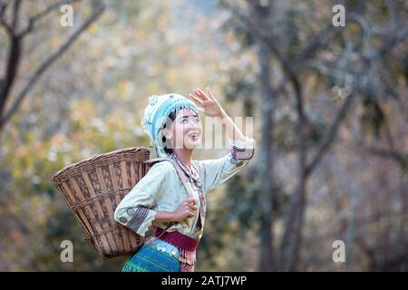 Junge Frau in Hmong Tracht und genießen den Kaffeegarten im Doi Pui Chiang Mai Thailand. Stockfoto