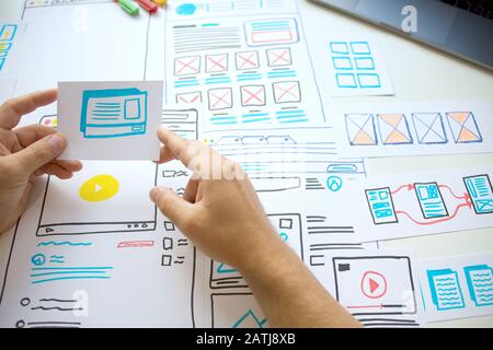 Website junger Designer kreative Planung Anwendungsentwurf Skizze Zeichnung Vorlage Layout Rahmen Wireframe Design Studio. Stockfoto