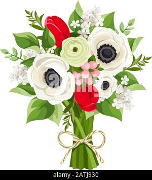 Vektorbouquet mit roten Tulpen, weißen Anemonblüten und grünen Blättern isoliert auf weißem Grund. Stock Vektor