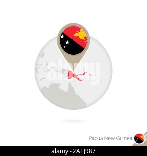 Papua-Neuguinea-Karte und Flagge im Kreis. Karte von Papua-Neuguinea, Papua-Neuguinea-Flaggenstift. Karte von Papua-Neuguinea im Stil des Globus. Vektor Stock Vektor