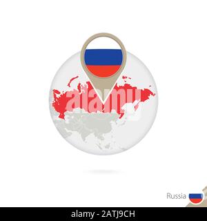 Russland Karte und Flagge im Kreis. Karte von Russland, Flaggenstift Russland. Karte von Russland im Stil des Globus. Vektorgrafiken. Stock Vektor