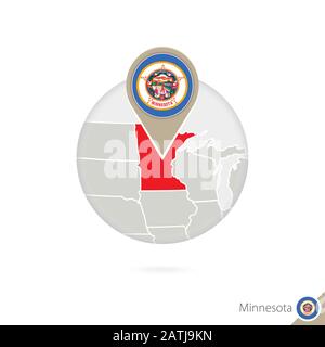 Minnesota US State Karte und Flagge im Kreis. Karte von Minnesota, Minnesota Flaggenstift. Karte von Minnesota im Stil des Globus. Vektorgrafiken. Stock Vektor