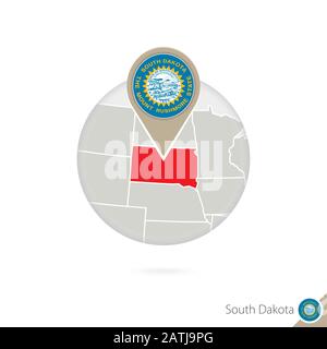 South Dakota US State Karte und Flagge im Kreis. Karte von South Dakota, South Dakota Flaggenstift. Karte von South Dakota im Stil des Globus. Vektor Illust Stock Vektor