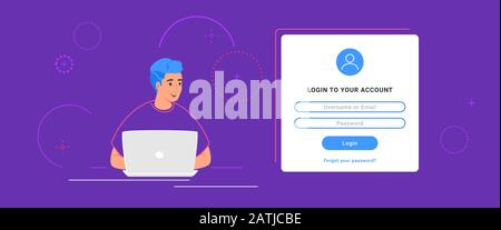 Anmeldeformular und Informationssicherheit für soziale Medien und persönliche Konten. Ein Teenager, der sich mit einem Laptop bei seinem Webkonto anmeldet. Passwortauthentizität Stock Vektor