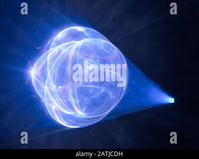 Blau leuchtende holographische Projektion, computergenerierter abstrakter Hintergrund, 3D-Rendering Stockfoto