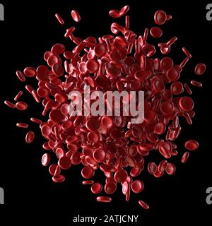 Rote Blutkörperchen verschüttet auf schwarzem Hintergrund. 3D-Abbildung, konzeptionelles Bild. Beschneidungspfad enthalten. Stockfoto