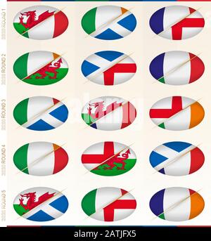 Sammlung von fünfzehn Rugbyspielen für Rugbyturniere, Vektor-Flaggen stilisierten Rugbyball. Stock Vektor