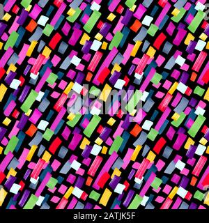 Festliches, nahtloses Muster mit diagonalen Streifen. Abstraktes Zierwerk auf schwarzem Hintergrund mit mehrfarbigen geometrischen Formen. Stilvolle Dekoration für PA Stockfoto