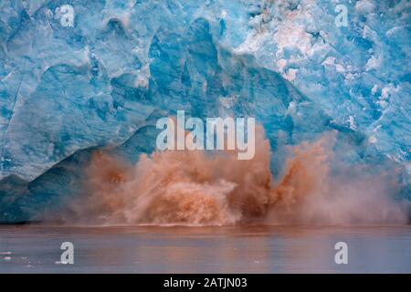 Riesiger Eisklumpen, der vom Rand des Kongsbreen-Gletschers bricht, der in Kongsfjorden, Spitzbergen/Spitzbergen, Norwegen kalbt Stockfoto