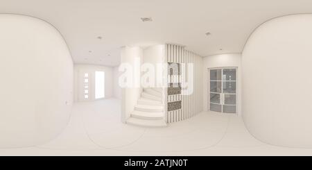 3D-Darstellung 360 Grad nahtloses Panorama Innendesign eines Foyers in einem privaten Landhaus Stockfoto