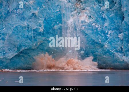 Riesiger Eisklumpen, der vom Rand des Kongsbreen-Gletschers bricht, der in Kongsfjorden, Spitzbergen/Spitzbergen, Norwegen kalbt Stockfoto