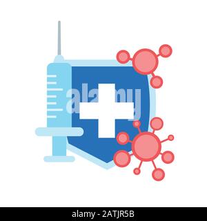 Epidemic MERS-COV schwimmende Grippe-Suringe-Impfung Virenschutzkonzept Schutzschild wuhan Coronavirus 2019-nCoV Pandemie medizinische Gesundheitsrisiko-Vektordarstellung Stock Vektor