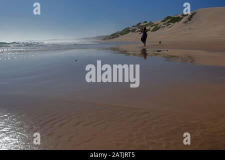 Frau, die ein Foto macht, während sie mit ihrem Hund am Strand entlang neben den hoch aufragenden Sanddünen der Bucht von Sardinien in der Nähe von Port Elizabeth, Südafrika spaziert Stockfoto